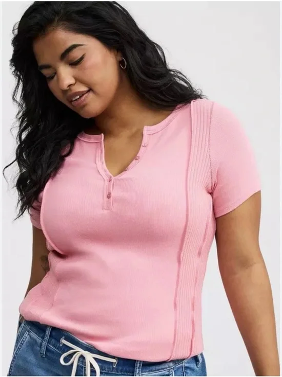 Torrid Pink Short-Sleeve Knit Tee with Button Placket -Size 2X - Picture 1 of 10